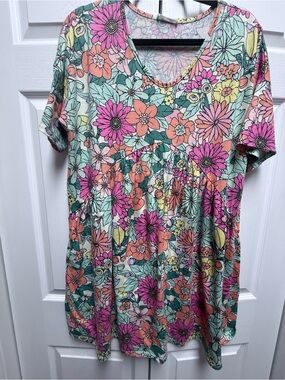 Floral V-Neck Mini Dress in Mint & Pink - Women's